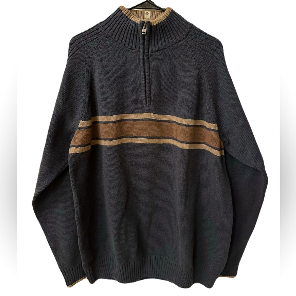 Columbia Mens Size XL Steel Blue & Tan Wide Stripe 1/4 Zip Mock Sweater EUC